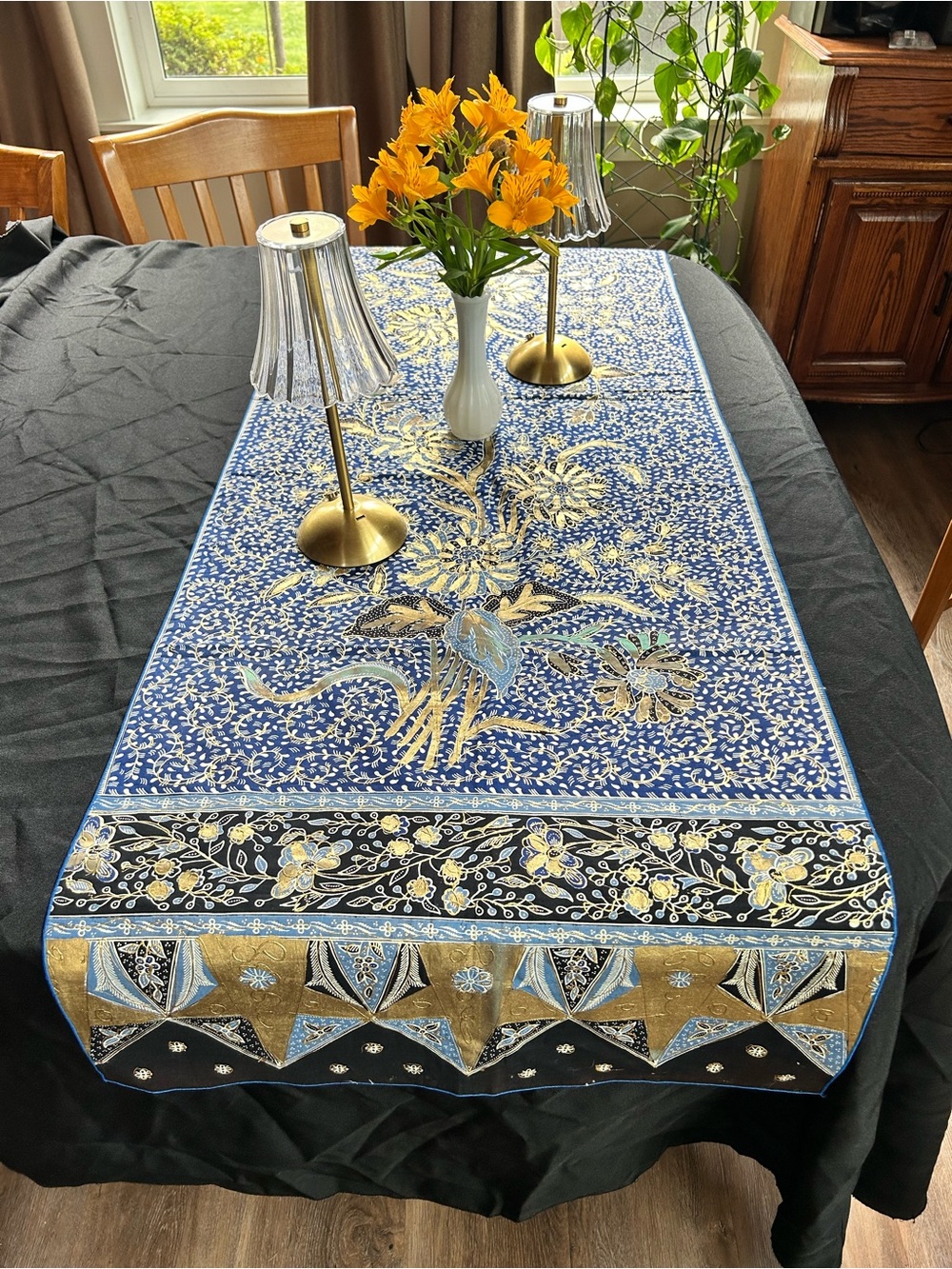 Blue Floral Table Runner with Gold Accents